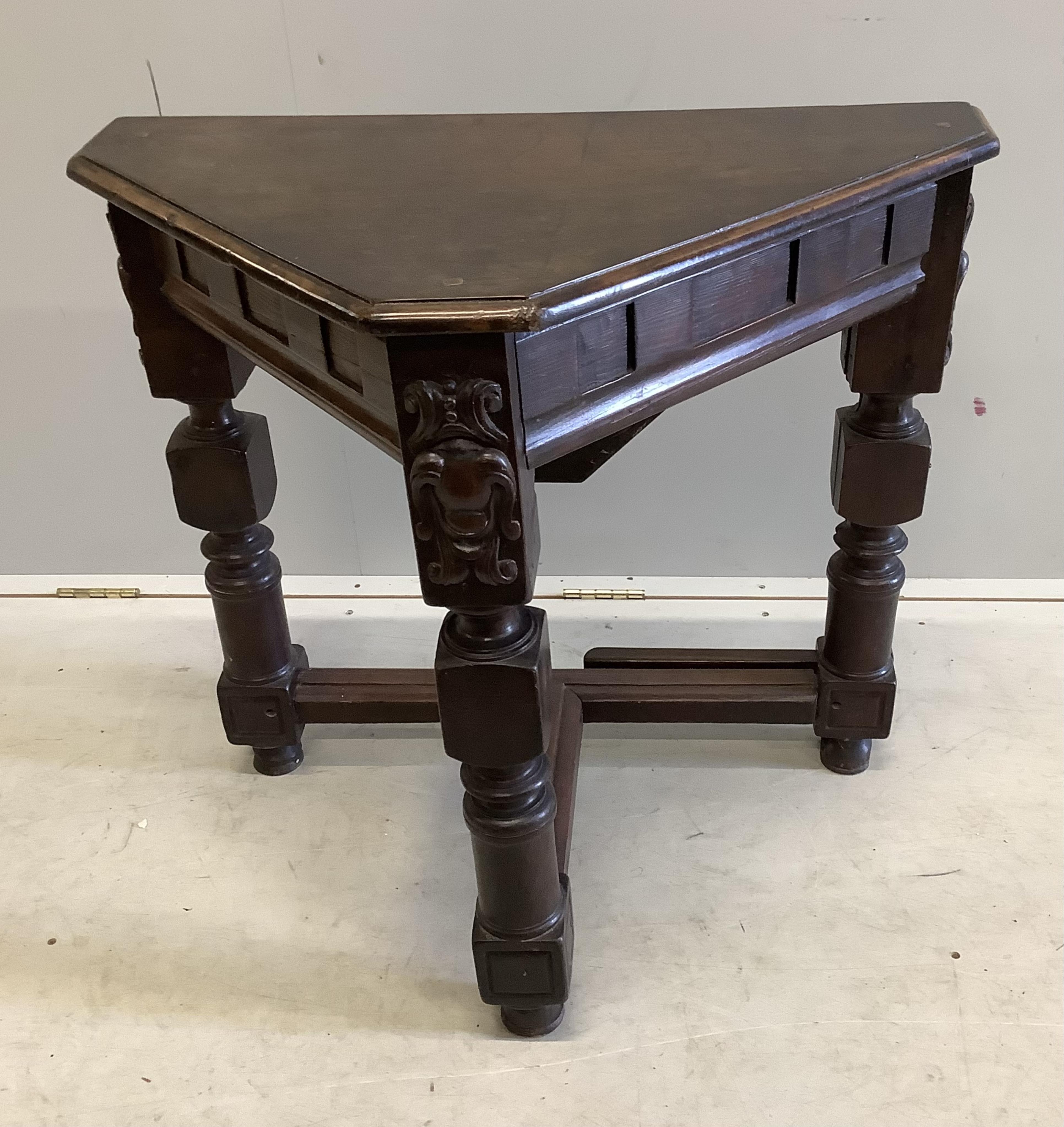 A credence style oak table, width 80cm, height 72cm. Condition - fair